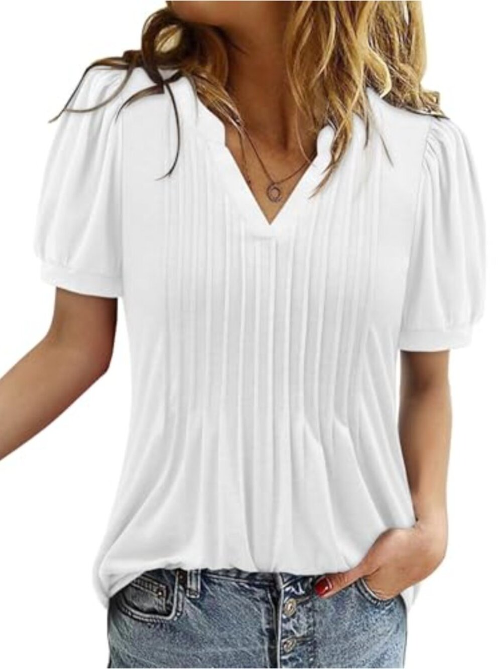 Womens V Neck Pleated Puff Sleeve Tunic Top Short Sleeve Blouse